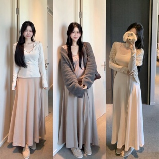 城南边儿10.20德芙绒系列~翻折腰半身裙A字大摆高腰磨毛长裙