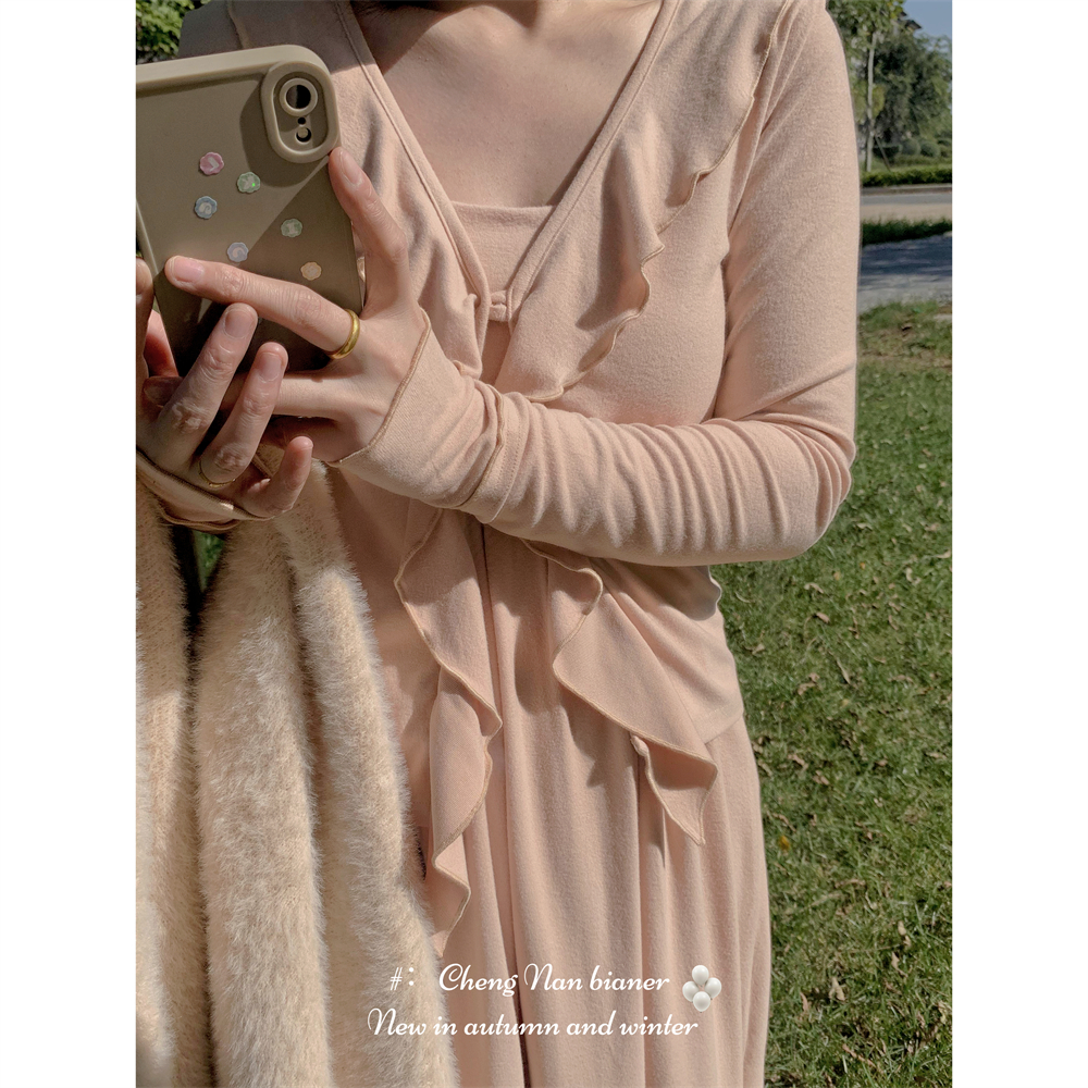 甜美a字裙螺纹棉吊带裙套装