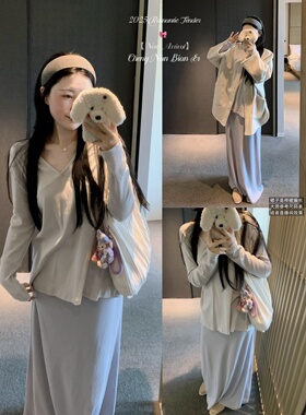 【现货】10.20松乐棉系列~V领拼片长袖罩衫+松紧腰直筒裙遮肉套装