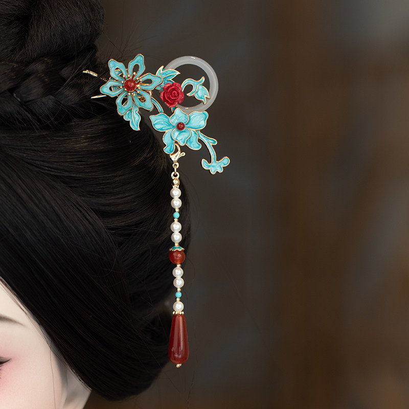 原创设计仿点翠烧蓝古风发簪汉服旗袍新中式古典头饰流苏步摇簪子