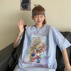 實拍 2021夏裝學院風手繪卡通印花寬鬆短袖T恤女