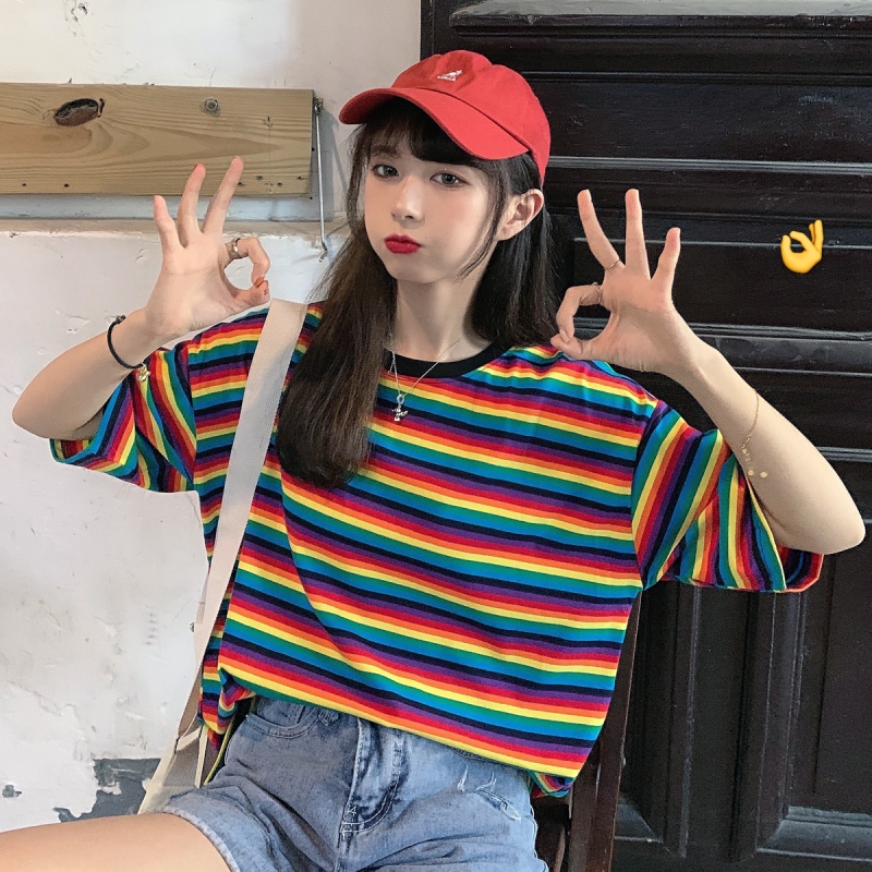 Real shot 2021 Summer Short Sleeve T-Shirt women's mid long stripe