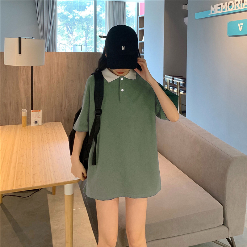 Real shooting summer coat lapel T-shirt loose thin shirt female short sleeve student