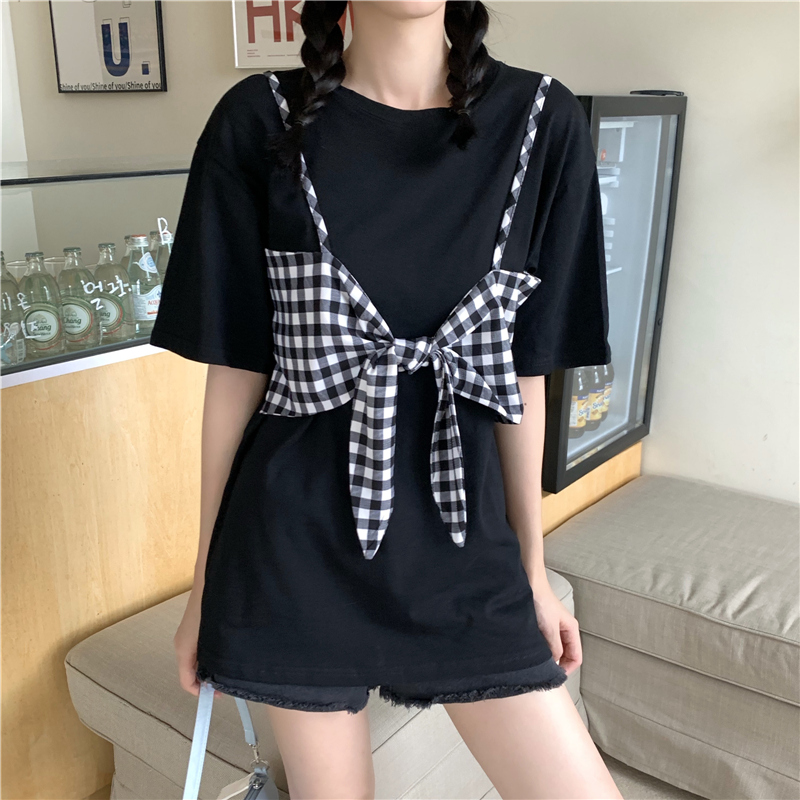 實拍純棉夏季設計感假兩件蝴蝶結短袖恤女上衣