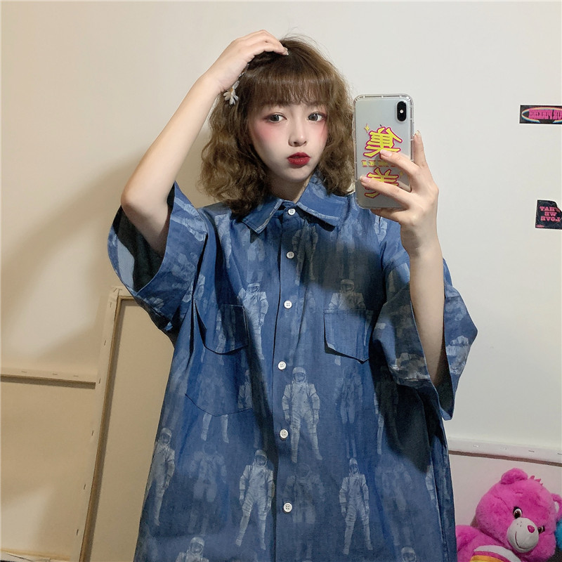 實拍夏裝寬鬆短袖襯衫女