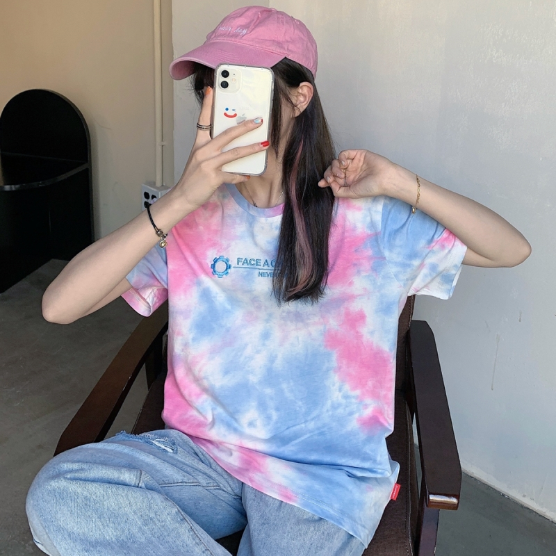 Real shot 2021 summer new short sleeve T-shirt women's mid long tie dye