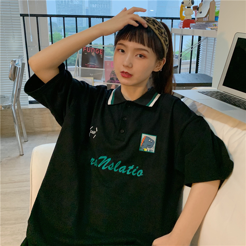 Real shot short sleeve T-shirt with loose print on female collar