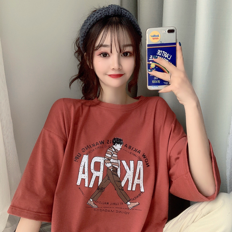 Real shot 2021 Summer Short Sleeve T-Shirt women's medium long letter cartoon printed half sleeve top