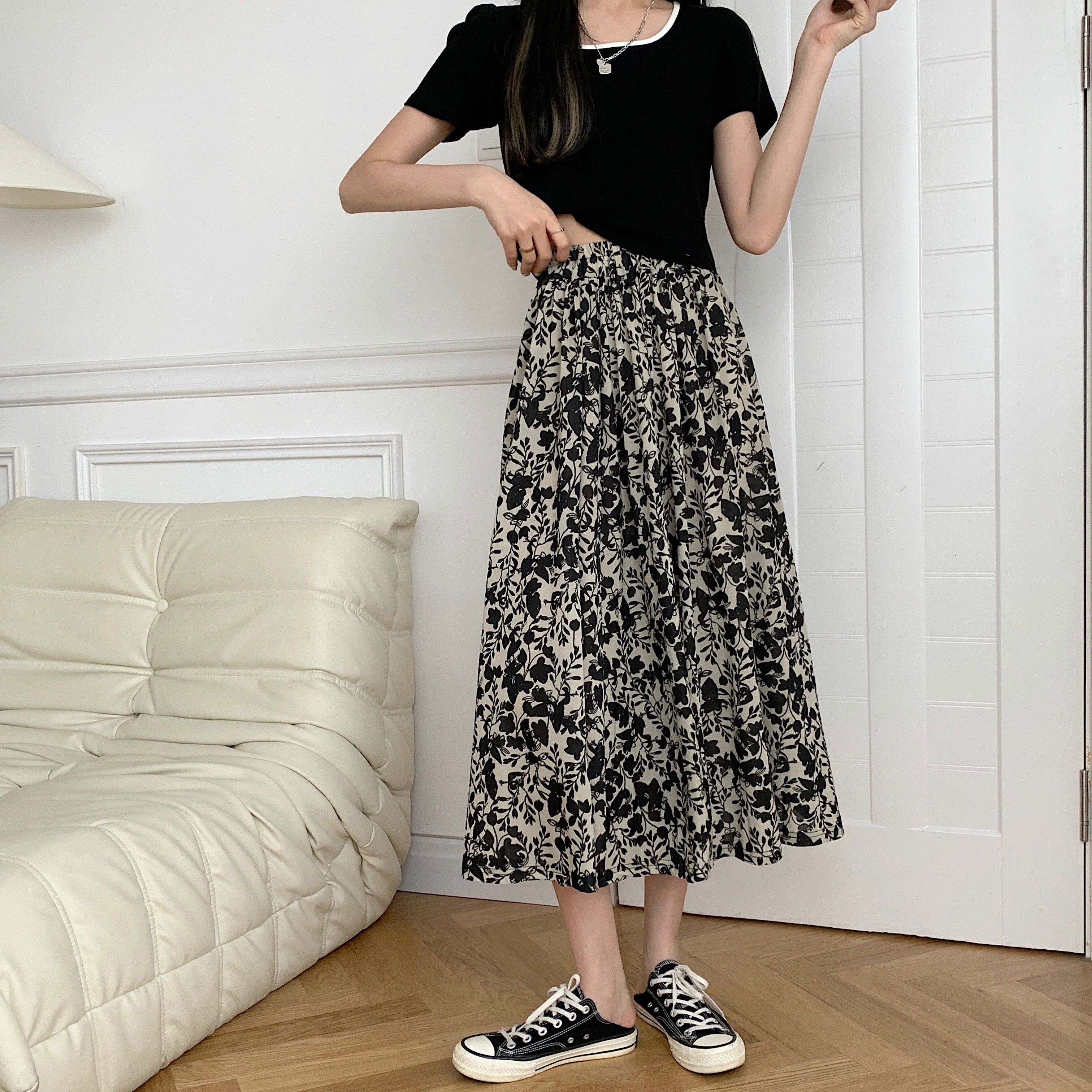 實拍半身裙女夏長裙新款顯瘦遮胯高腰碎花裙女