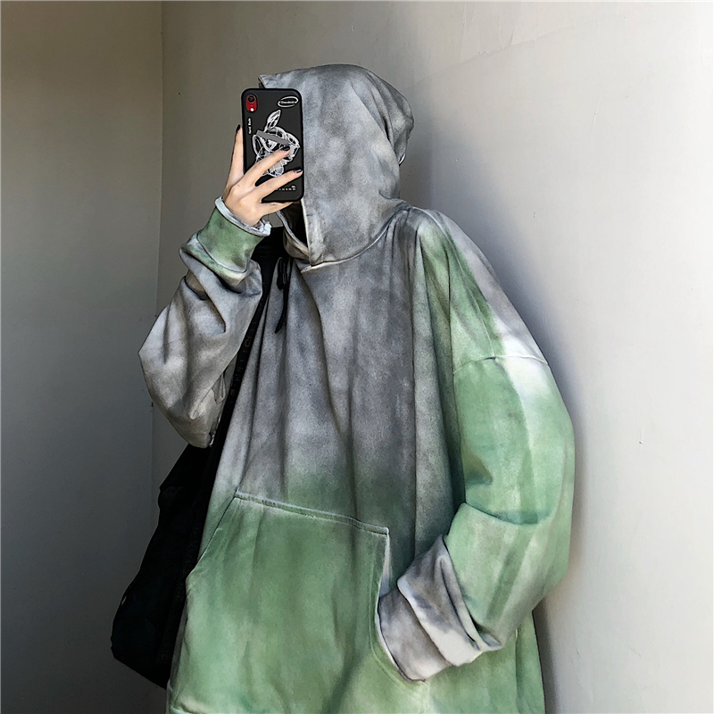 Real shooting spring and autumn thin tie dyed sweater women's hooded loose top