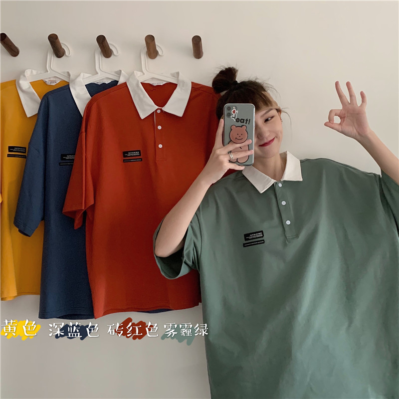 Real shot 2021 Lapel short sleeve T-shirt Korean loose polo shirt Hong Kong style students' versatile top