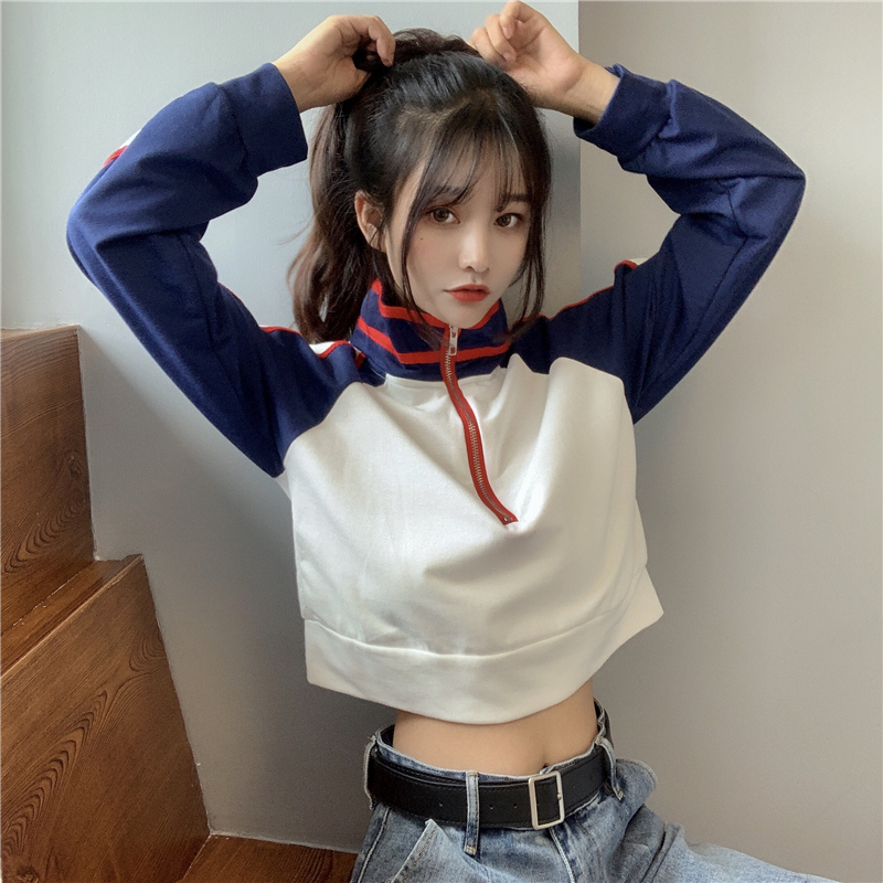 Real photo of 2021 spring and autumn dress standing collar long sleeve high waist short women's navel sweater