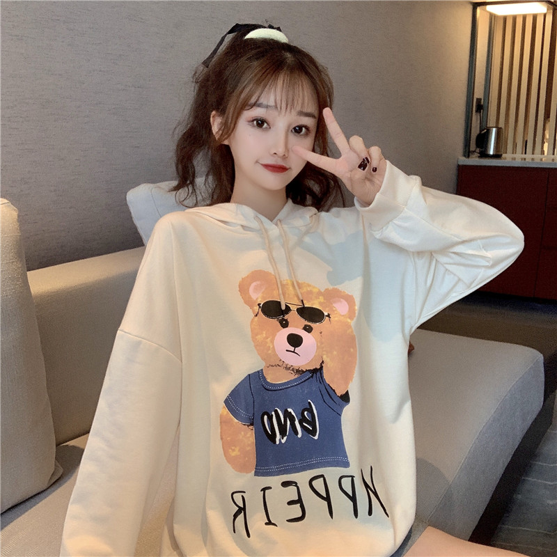 Real spring and autumn Cartoon Bear print hooded sweater women's thin top