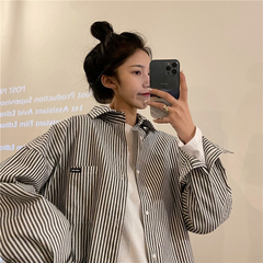 Real photo striped shirt loose long sleeve shirt Korean fashion coat casual Hong Kong style top
