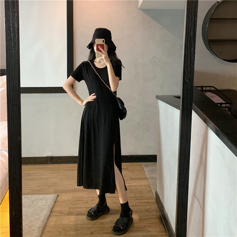 100% cotton small side split knee T-shirt skirt length careful machine slit cotton dress