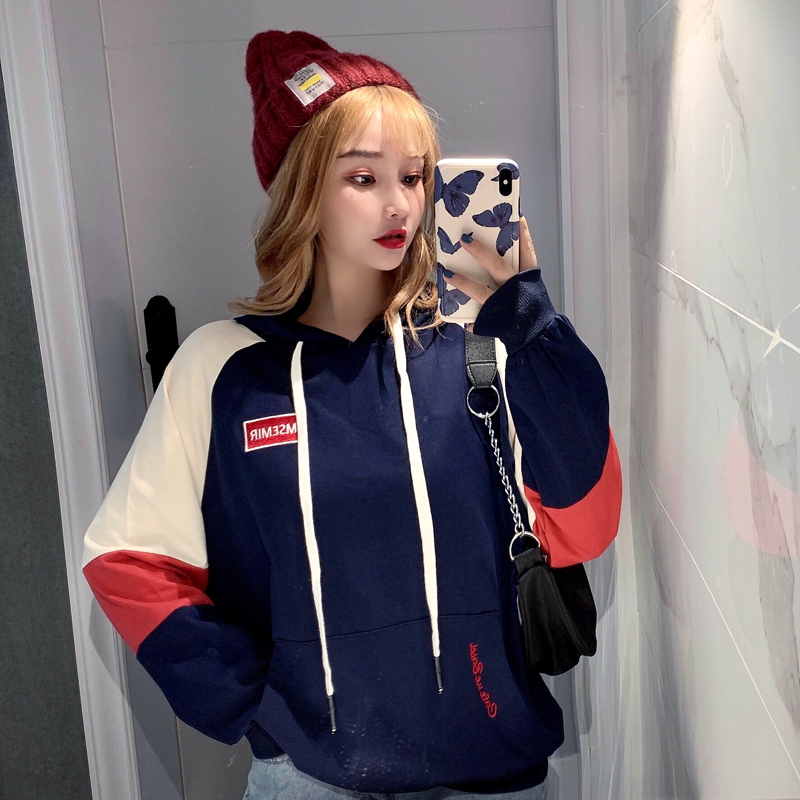 Photo of thin hooded sweater with stitched lettered embroidered top pocket for women