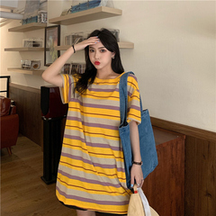 實拍夏裝條紋中長款寬鬆短袖恤女打底外穿百搭上衣