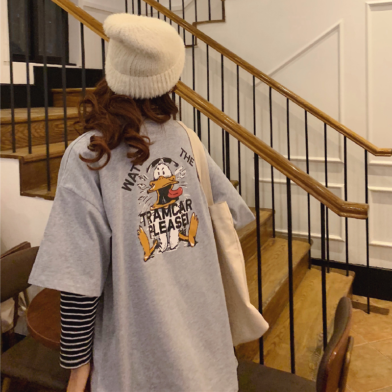 Real T-shirt women's short sleeve summer clothes loose lower garment missing mid length