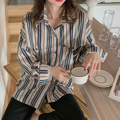 Real shot Vintage Hong Kong Style striped shirt women's design sense niche top long sleeve Korean versatile shirt