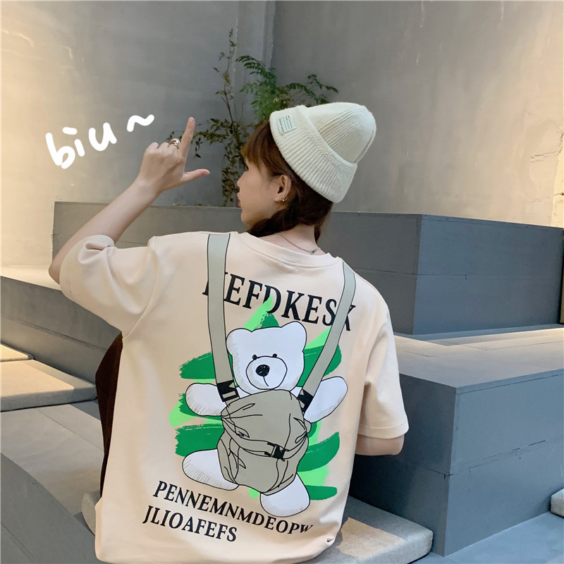 Original photo 2021 cotton backpack bear print short sleeve T-shirt loose half sleeve top