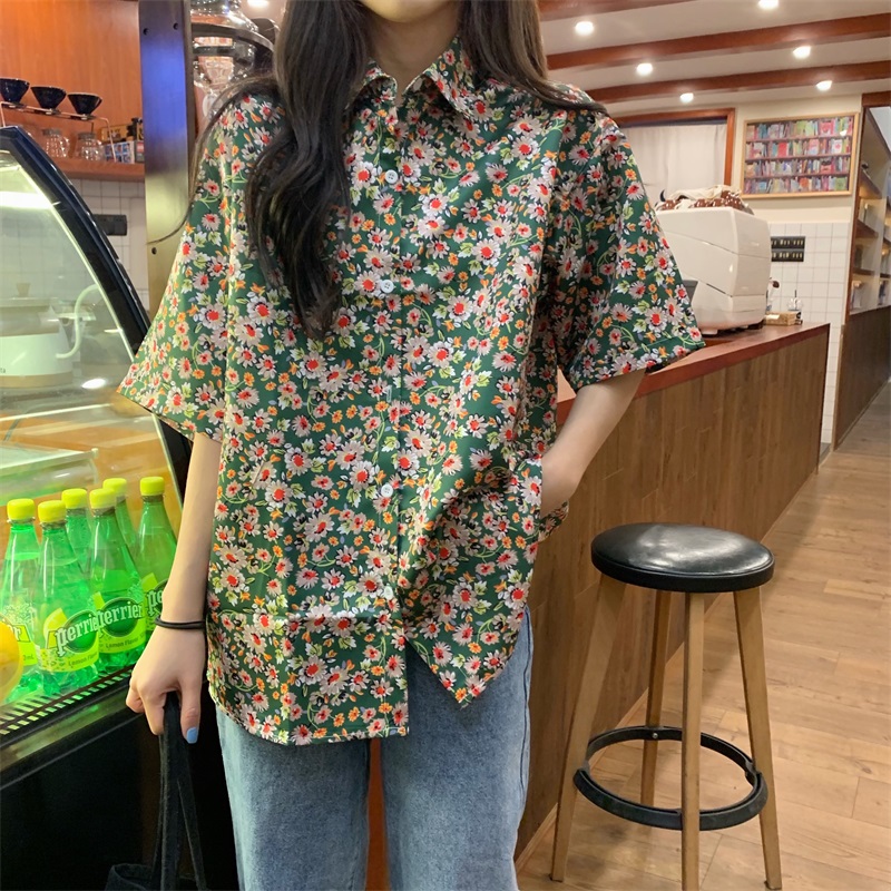 實拍夏季綠色小鄒菊領短袖襯衫