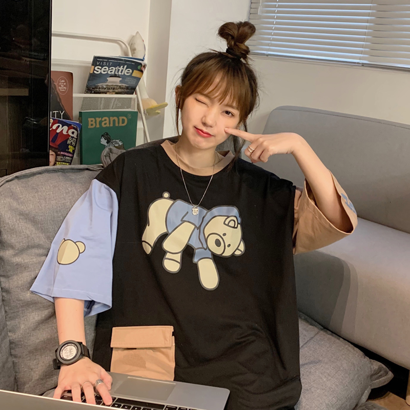 實拍夏小熊圖案設計感插色口袋短袖恤女潮