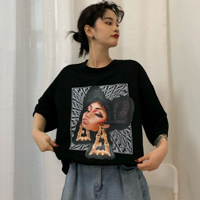 實拍T恤女夏韓版寬鬆套頭圓領ins超火人物百搭短袖上衣