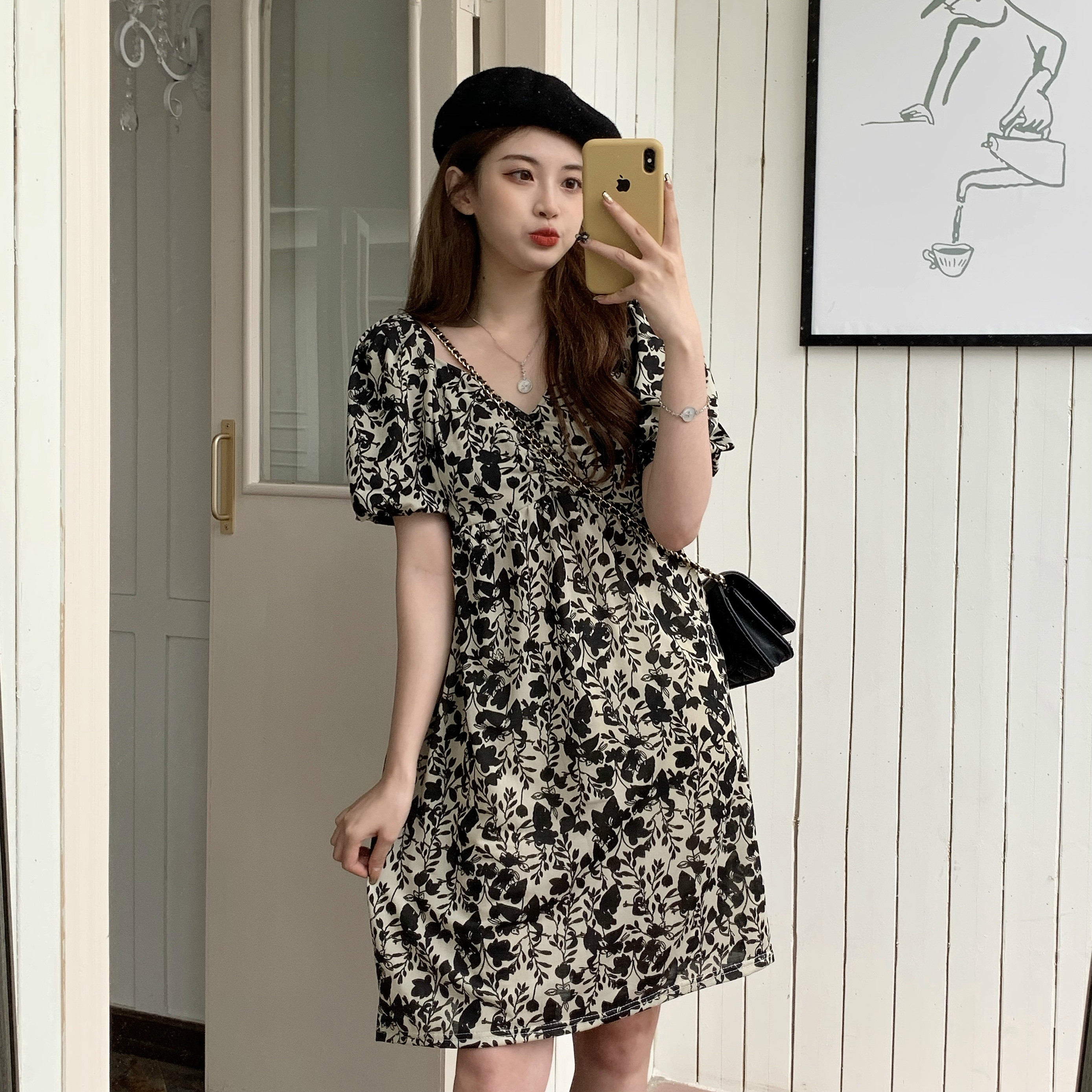 Real shooting summer new Korean two wear bubble sleeve Floral Dress