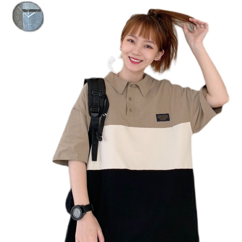 Hong Kong style retro color matching Polo T-shirt for men and women