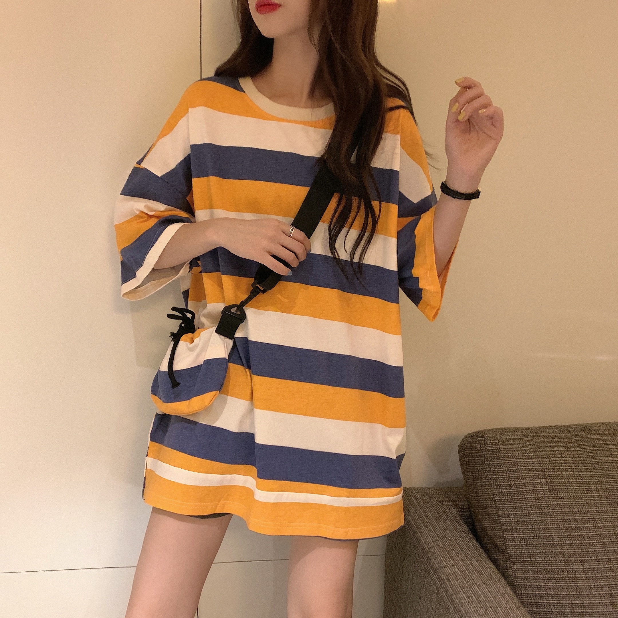 Real shot with bag 2020 striped summer couple's top women's loose short sleeve T-shirt