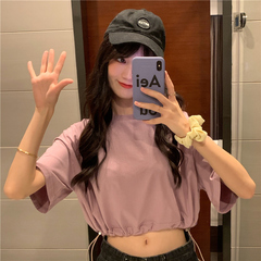 Real shot summer net red navel T-shirt women's drawstring high waist short sleeve top