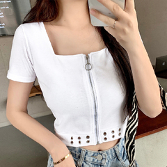 實拍2021夏設計感拉鏈短袖T恤女新款洋氣修身短款