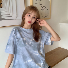 實拍  2021夏港味chic扎染短袖t恤女潮韓版ins寬鬆上衣