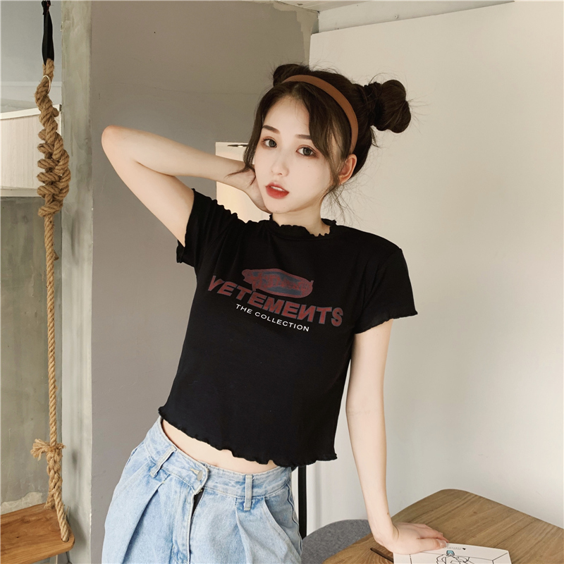 實拍實價不減網紅短袖恤女短款寬鬆木耳邊字母上衣女