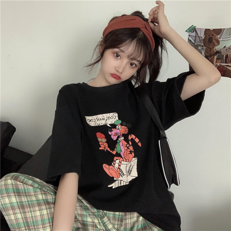 Real shot 2021 Summer Short Sleeve T-Shirt women's loose size cartoon printing versatile creativity