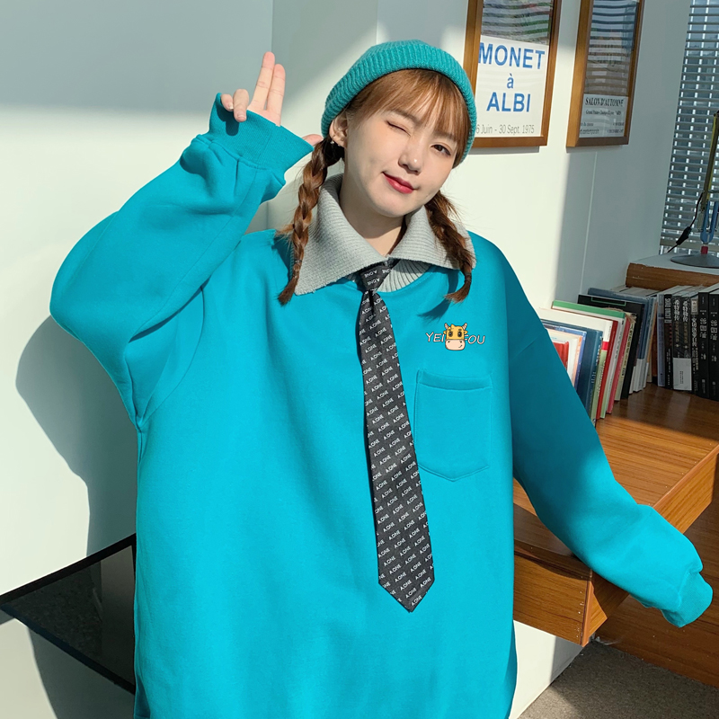 Real shot autumn and winter color contrast languid style thickened Plush hooded sweater for women with tie