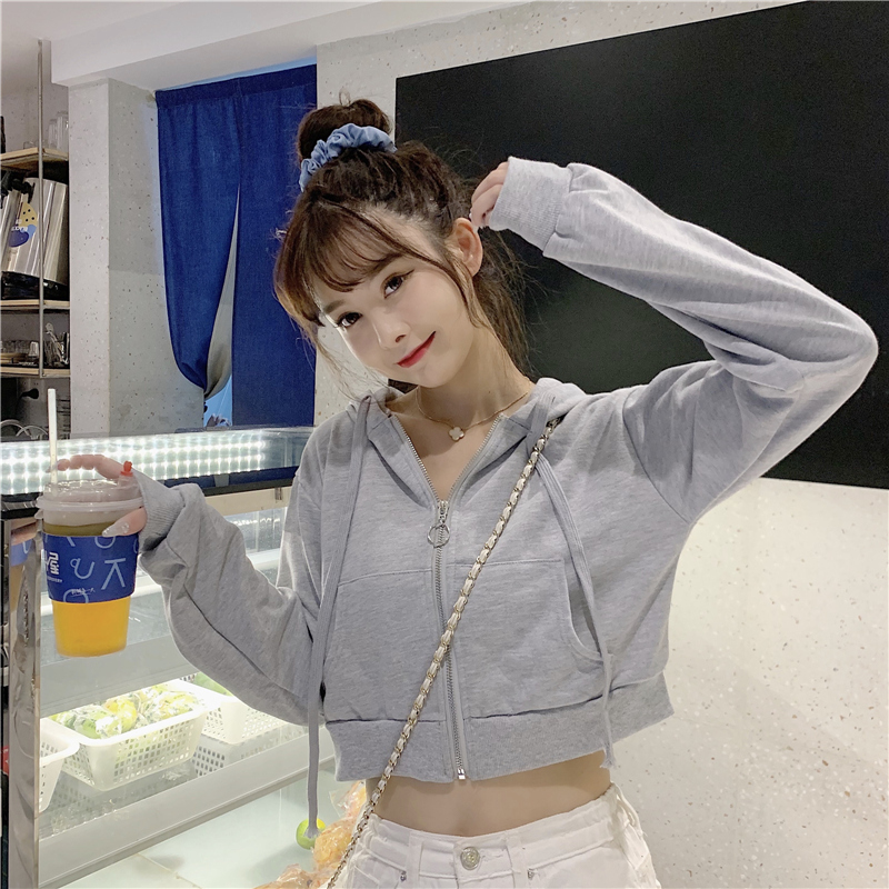 Real photo 2021 spring and autumn short sweater women's hooded high waist zipper cardigan