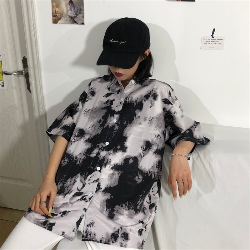 Real shot summer new product Harajuku tie dyed collar short sleeve shirt