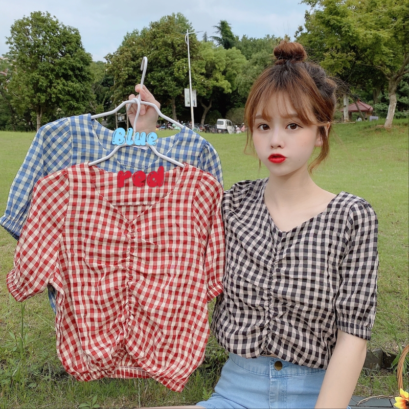 Real photo 2021 summer Plaid Shirt women's minority V-neck shirt jacket