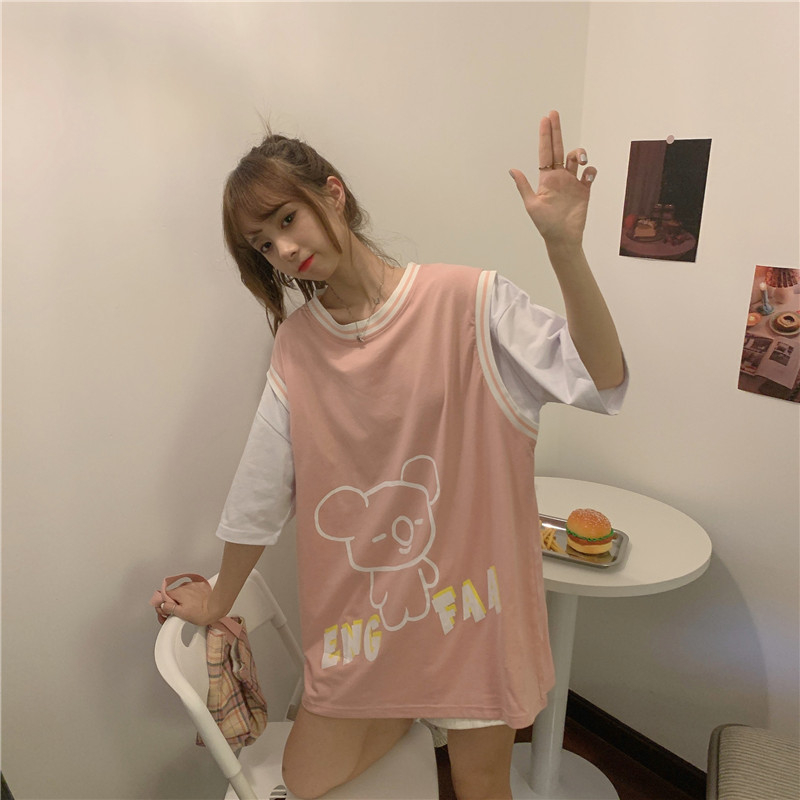 原創實拍夏寬鬆假倆件短袖恤女