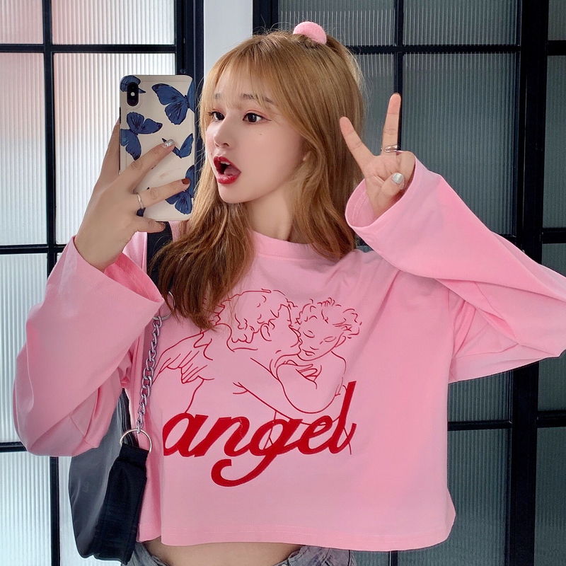 Real shot thin round neck sweater women's short loose cartoon T-shirt