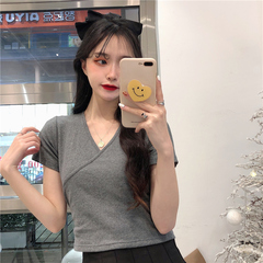 實拍實價不減夏設計感小眾復古綁帶短袖恤女修身