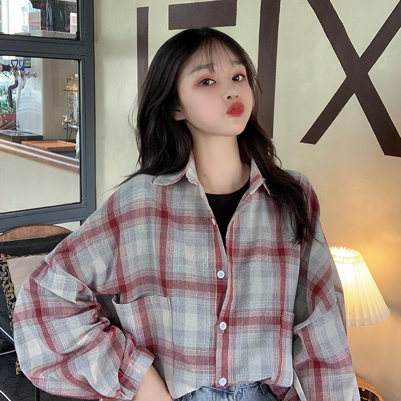 Real collar long sleeve shirt women's trendy Hong Kong style retro check light cooked top