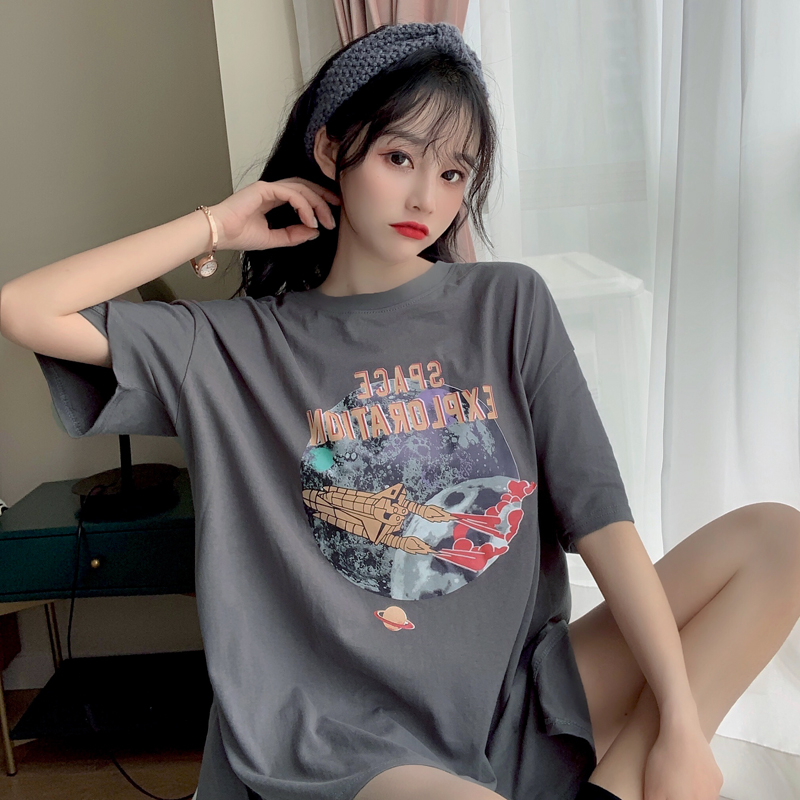 W real shooting summer new short sleeve T-shirt women's medium long half sleeve cartoon top printing