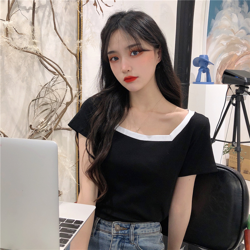 Net red collarbone black square collar short sleeve T-shirt