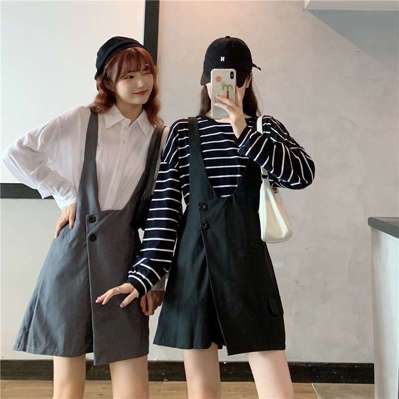 Real shot spring and summer Yangqi net red strap loose word wide leg Shorts Shirt two piece set