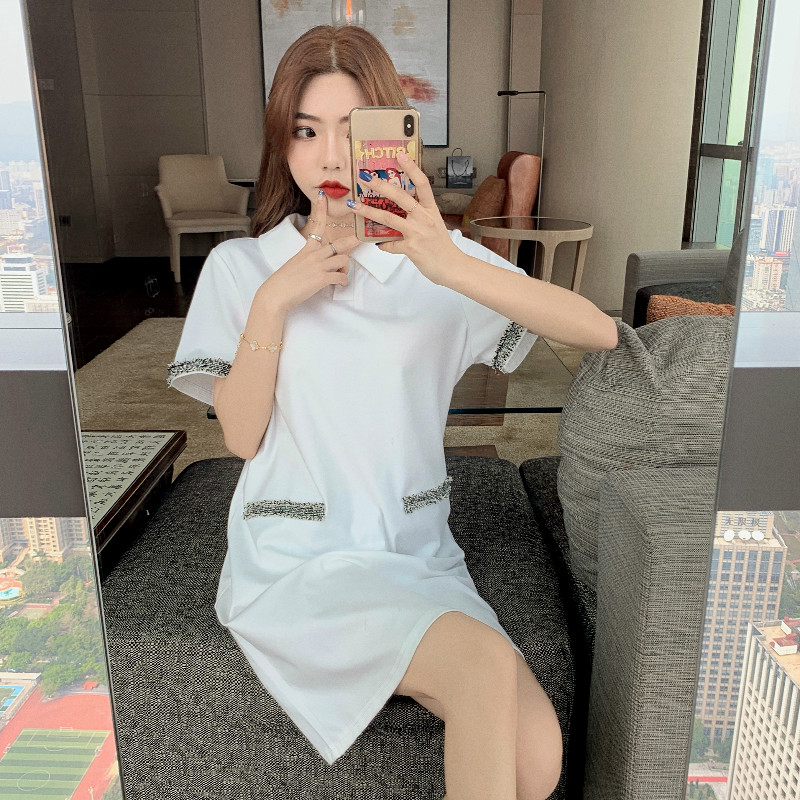 Real shooting summer net red same short sleeve medium length dress shows thin collar skirt