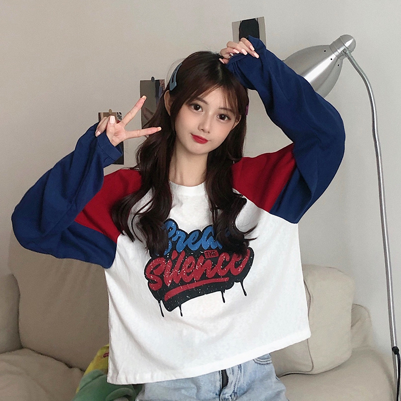 Real shot 2021 cotton splicing heavy industry color contrast playful long sleeve T-shirt girl