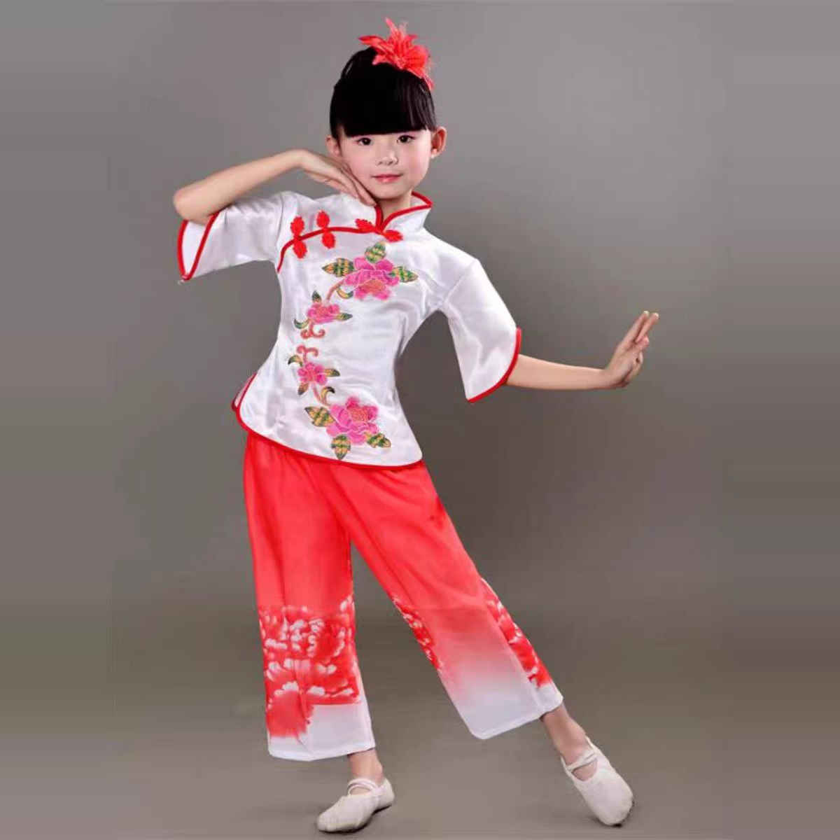 新款六一儿童秧歌舞蹈演出服民族扇子舞开门红喜庆打鼓服多彩的春