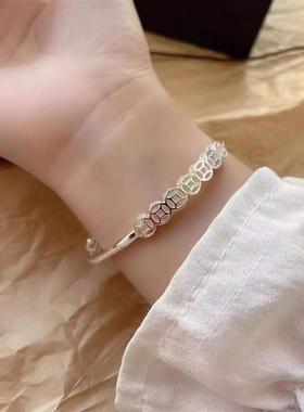 999纯银幻彩钱币铜钱招财手镯女小众简约百搭实心手环送女友闺蜜